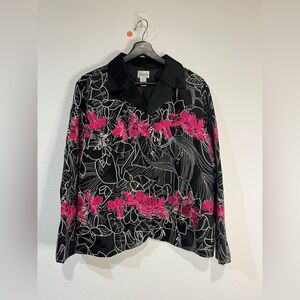 Chico's Women's Black Red Floral Embroidery Dressy Blazer Jacket size 3